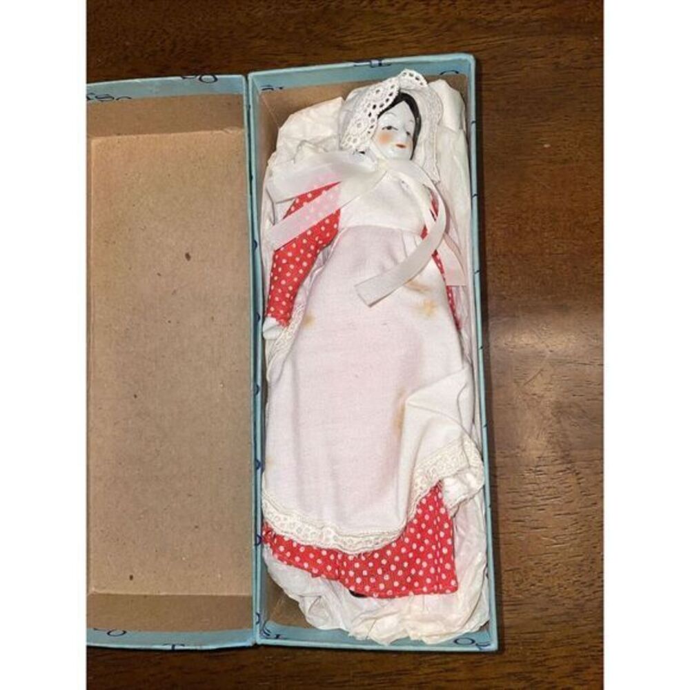 Vintage 7" Porcelain Victorian Girl Doll Red Dress Bonnet‎